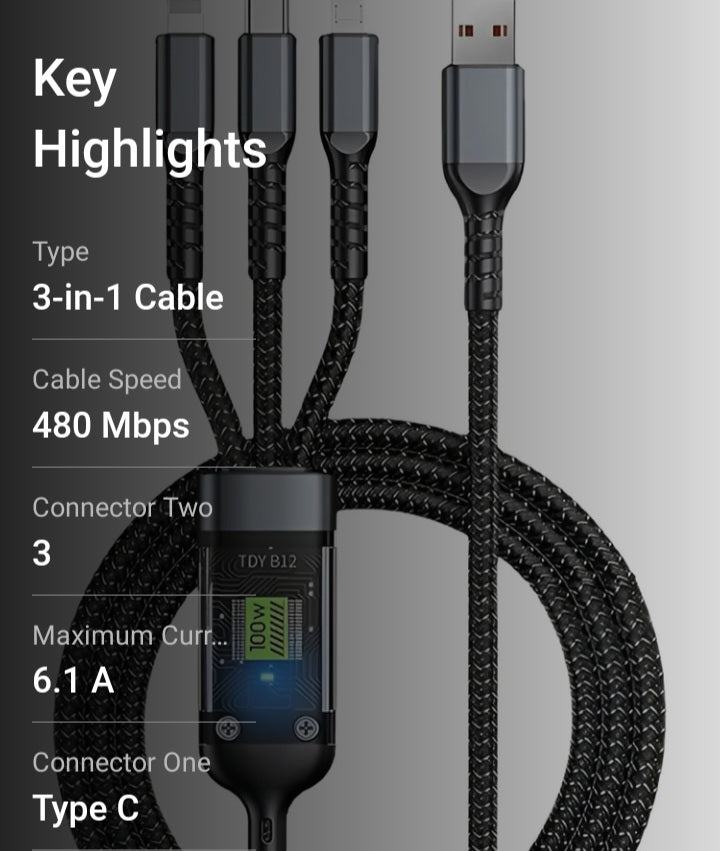 Poppybox Premium Quality 3-In 1 Data Cable 100W/6A