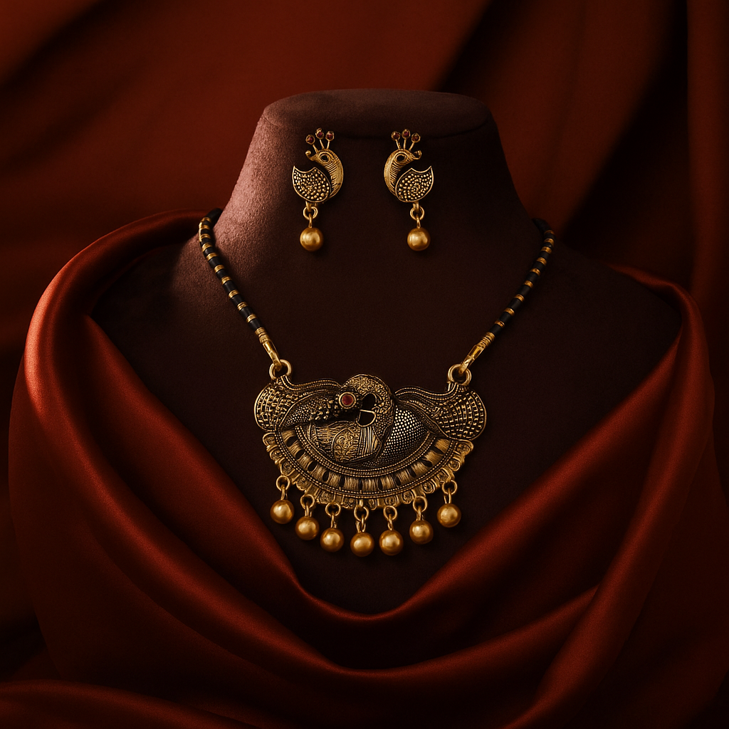 Poppybox Premium Quality Oxidised Peackock Pendant Mangalsutra with Eaarings