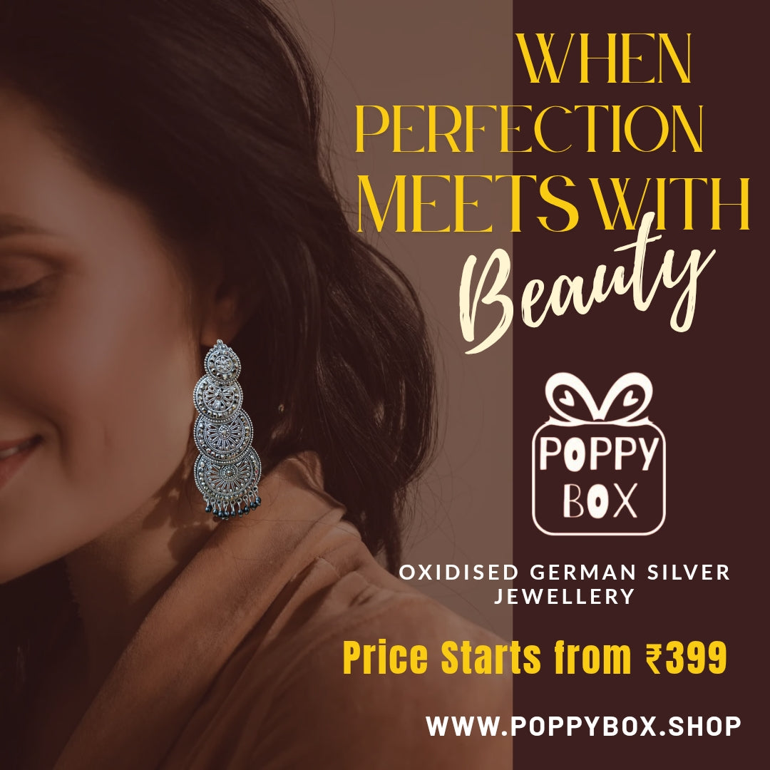 Poppybox Premium Oxidised Statement Earrings- Ethnic Silver Finish