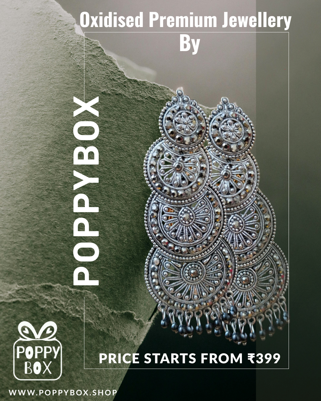Poppybox Premium Oxidised Statement Earrings- Ethnic Silver Finish