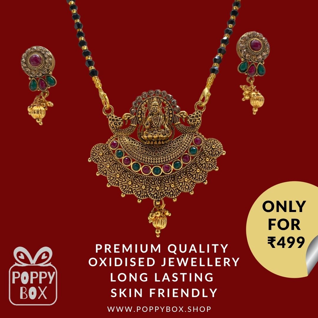 Poppybox Premium Oxidised Lakshmi Pendant Mangalsutra with Earrings