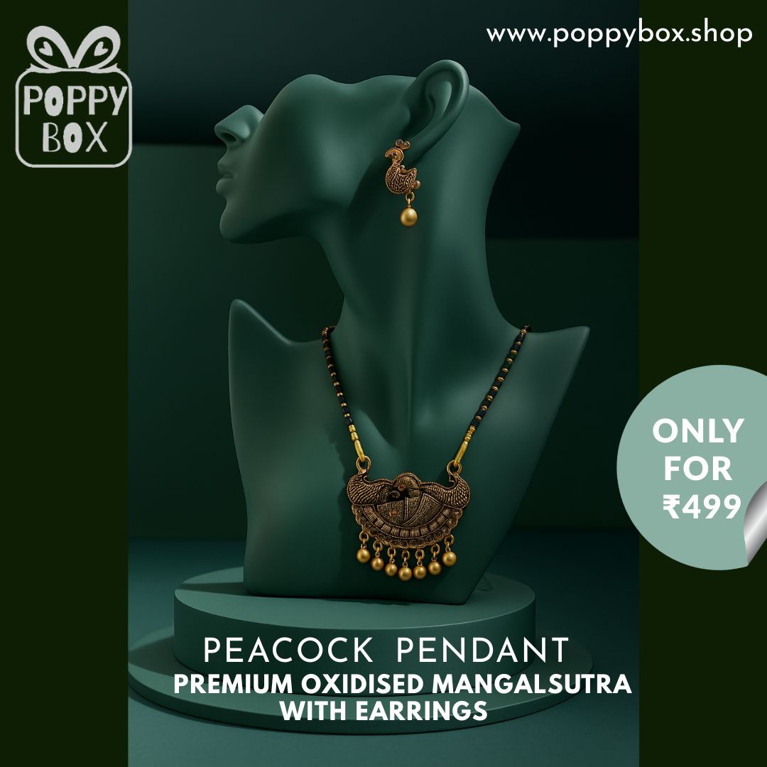 Poppybox Premium Quality Oxidised Peackock Pendant Mangalsutra with Eaarings
