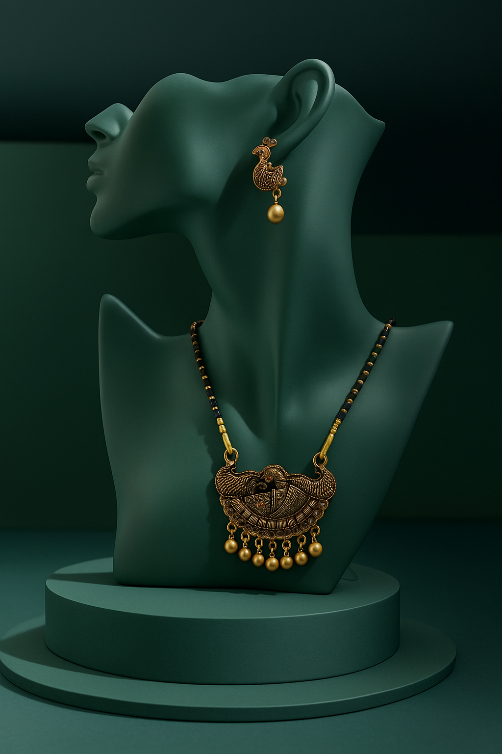 Poppybox Premium Quality Oxidised Peackock Pendant Mangalsutra with Eaarings