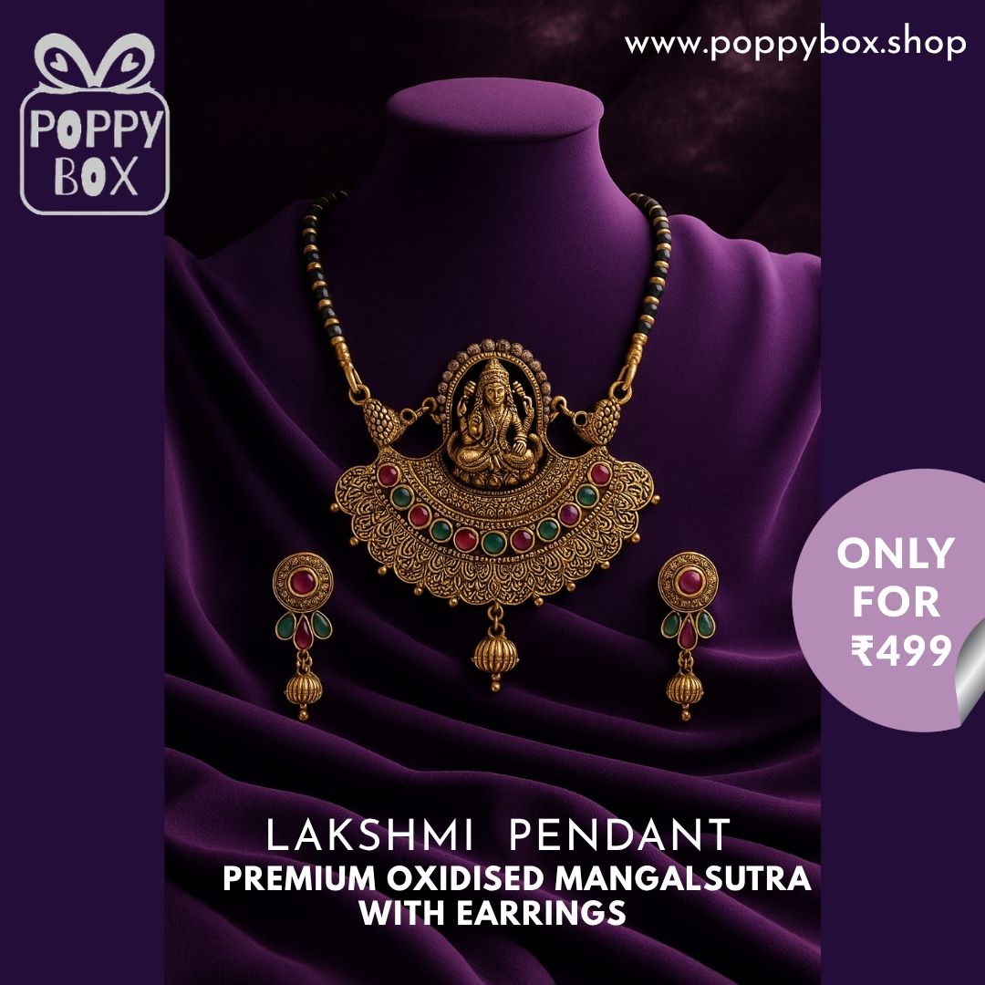 Poppybox Premium Oxidised Lakshmi Pendant Mangalsutra with Earrings