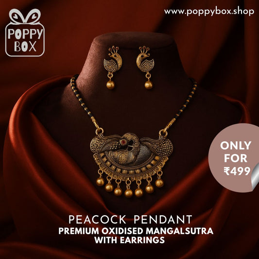 Poppybox Premium Quality Oxidised Peackock Pendant Mangalsutra with Eaarings