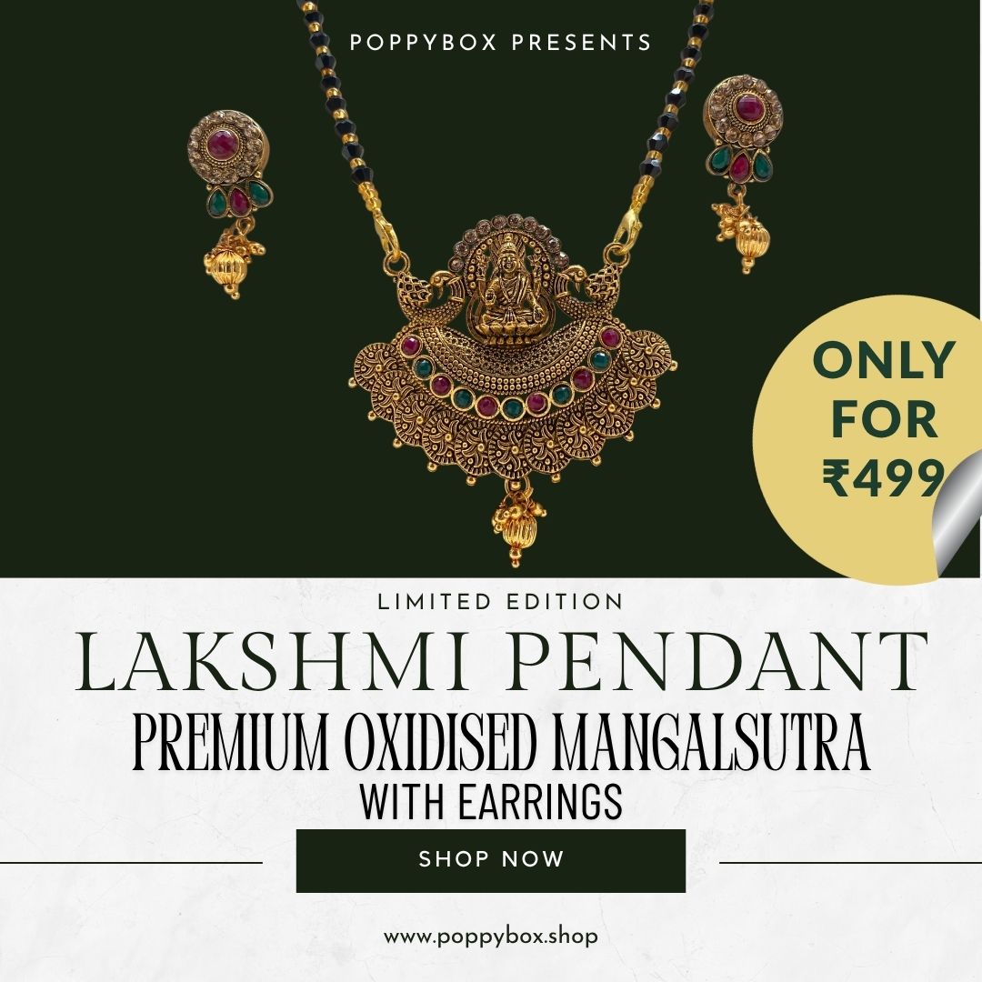 Poppybox Premium Oxidised Lakshmi Pendant Mangalsutra with Earrings