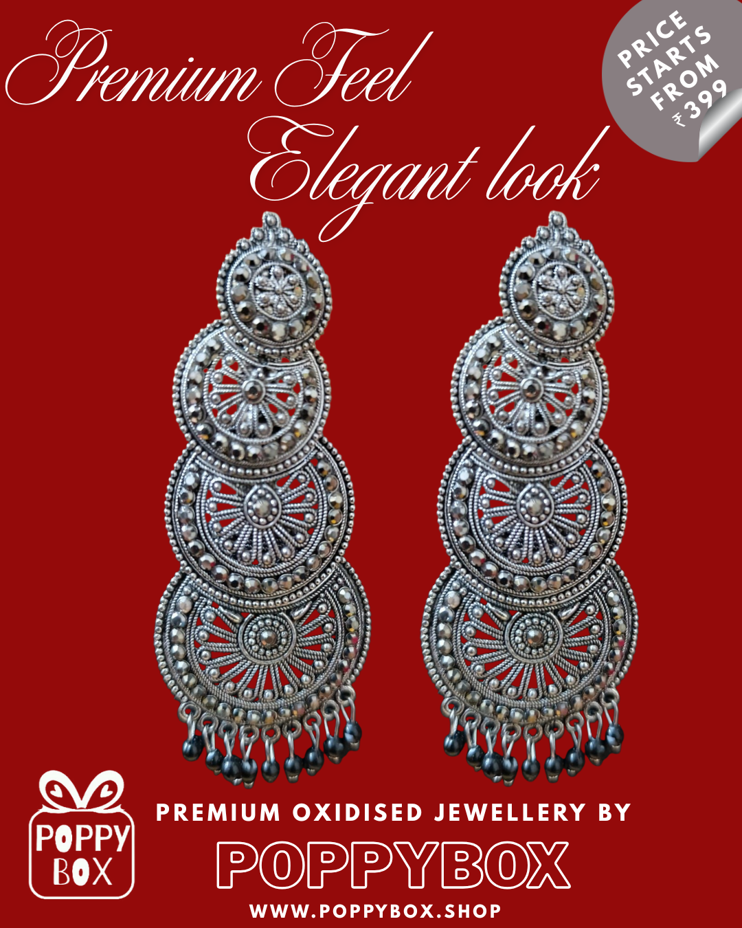 Poppybox Premium Oxidised Statement Earrings- Ethnic Silver Finish