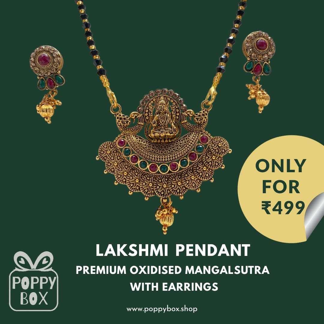 Poppybox Premium Oxidised Lakshmi Pendant Mangalsutra with Earrings