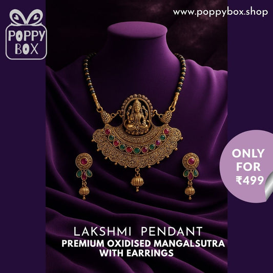 Poppybox Premium Oxidised Lakshmi Pendant Mangalsutra with Earrings