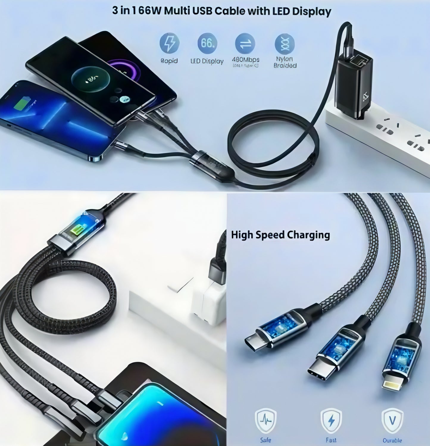 Poppybox Premium Quality 3-In 1 Data Cable 100W/6A