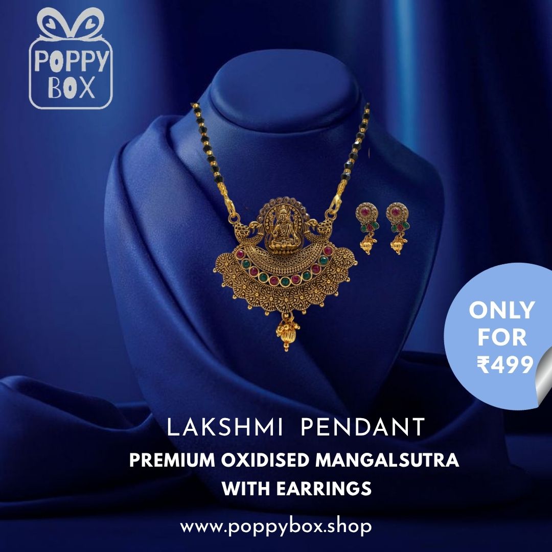 Poppybox Premium Oxidised Lakshmi Pendant Mangalsutra with Earrings